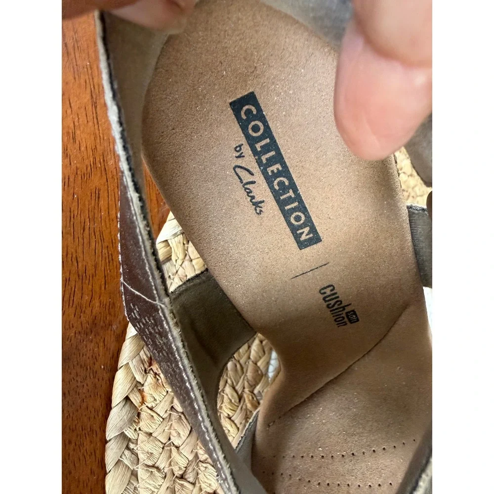 Clarks Collection Petrina Selma Metallic Pewter Wedge Sandals Womens 7.5 M